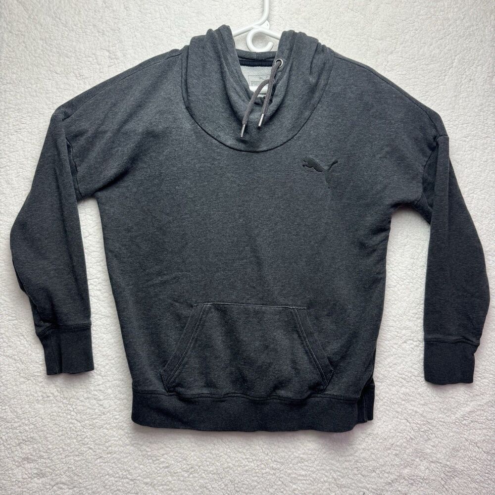 Puma Womens Hoodie Large Black Charcoal Pullover Long Sleeve Embroidered Logo